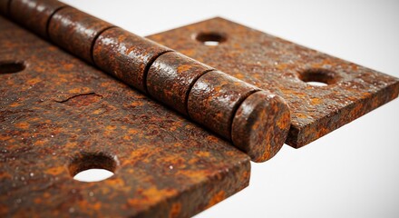 Close up of a rusty old metal hinge on a white background.