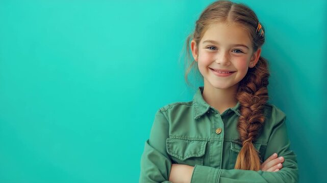 Young smiling girl with braided hair, standing confidently in green shirt