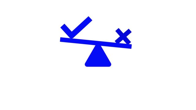 A wooden seesaw balancing a large blue checkmark on one side and a bule cross on the other against a white background.