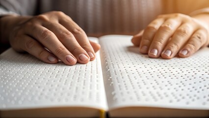 Close-up of a hand reading braille text book on a textured white surface.