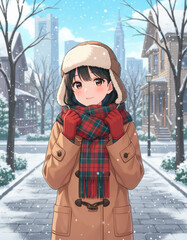 雪の舞う丘の上の通学路でほほ笑む女子高生