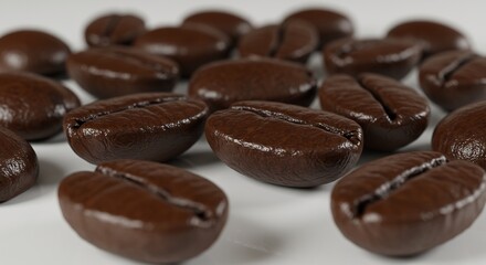 Close up of dark roasted coffee beans on a white surface.
