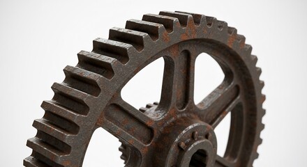 Close up of an old rusty metal gear on a white background.