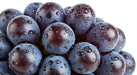 Close up of fresh dark grapes with water droplets.