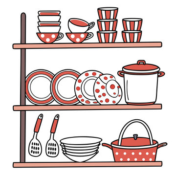 Illustration of kitchenware on shelves