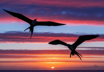Fototapeta premium Two frigatebirds silhouetted against a vibrant sunset sky