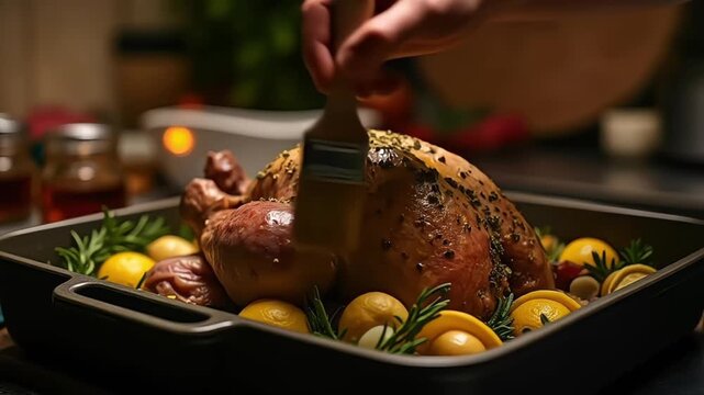 Roasted turkey being basted with a brush in a pan surrounded by lemons and herbs