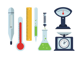 Scientific Measurement Tools: Thermometers Ruler Pipette Flask and Scale.