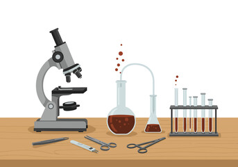 Laboratory Equipment: Microscope Beakers and Test Tubes on Wooden Table.