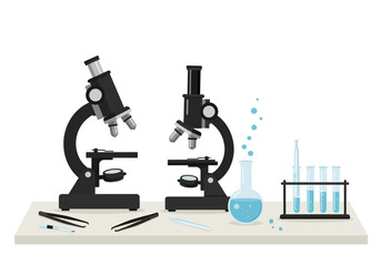Two Black Microscopes with Lab Equipment on a Table Science Illustration.