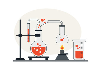 Chemistry Experiment with Flasks Beaker and Bunsen Burner Illustration.