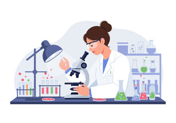 Female Scientist Analyzing Sample with Microscope in Laboratory.