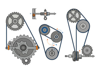 Illustrated Mechanical Systems with Gears Pulleys and Belts Demonstrating Power Transmission.