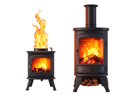 Modern freestanding round fireplace heater with glowing fire isolated on transparent background