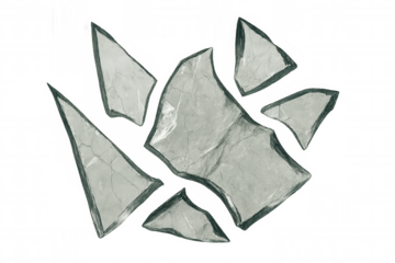 Broken glass shards scattering, illustrating damage, fragility, danger, and destruction with transparent background