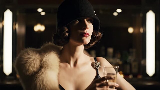 Elegant woman in vintage dress holding a cocktail glass