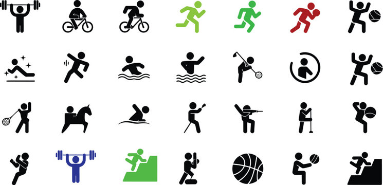 Collection of diverse sport and activity icons representing fitness, athletics, and recreational pursuits for graphic design and web applications