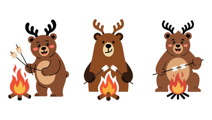 Three adorable cartoon bears wearing antlers roasting marshmallows over campfires in a whimsical outdoor scene