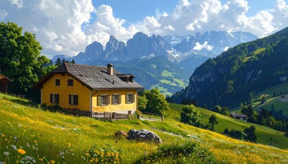 Obraz premium Picturesque yellow house nestled in a vibrant green meadow with majestic mountains.