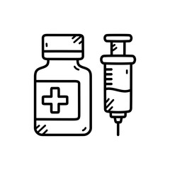 Medical Vial and Syringe Line Art Icon on Transparent Background