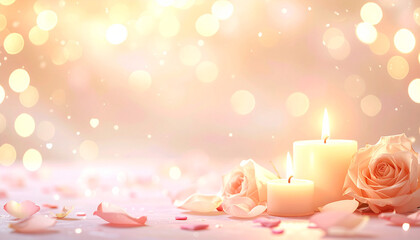 Romantic soft pink background with candles and rose petals