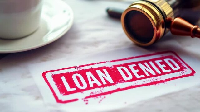 Loan Denied" stamp on paper, a gavel and cup on a textured surface