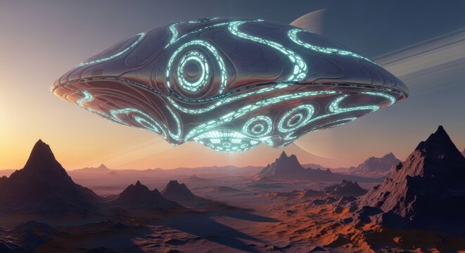 Alien spacecraft hovers over a desolate alien landscape at sunset