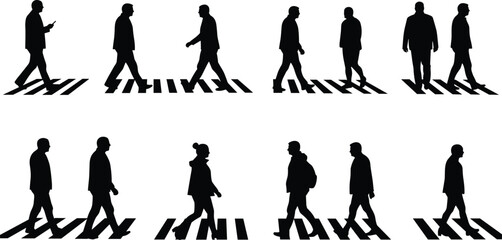 Silhouette of walking people on pedestrian crosswalk, business men and women illustration, urban city lifestyle concept, vector design art.
