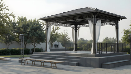 Obraz premium Outdoor gazebo stage with white curtains and wooden benches architecture structure