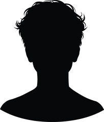 Human head silhouette with short curly hair, male profile portrait, anonymous person, black outline, identity concept, isolated white background illustration
