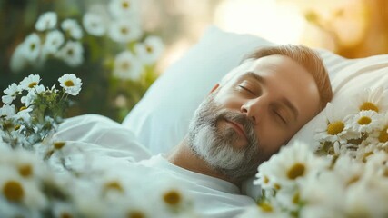Middle-aged man with beard sleeping peacefully among white flowers