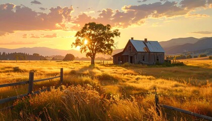 Golden Hour Sunset Over Rural Farmhouse and Tree.