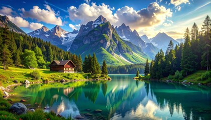 Idyllic Mountain Lake Scene with Cabin and Reflections.