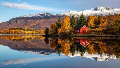 Fototapeta premium Scenic autumn landscape with a red cabin reflected in a tranquil lake.