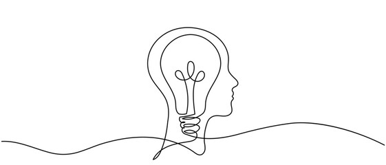 A single continuous line drawing the profile of a human head inside a light bulb. a bright idea, innovation, intelligence. a human head with a lightbulb inside a bright idea innovation. © Thuin_prodesign