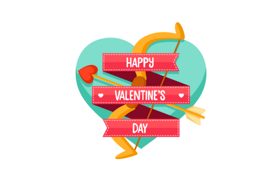 Cartoon Valentines Day Design with Golden Bow Arrow and Pink Ribbon Banner on Aqua Heart Isolated