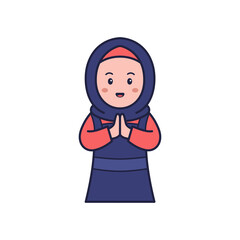 Cartoon Woman Character with Navy Blue Hijab and Coral Dress Offering Greetings on White Background