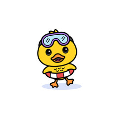 Cartoon Yellow Duckling Wearing Goggles and Red White Lifebuoy on Transparent Background