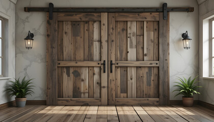 Rustic wooden barn doors with black hardware and potted plants natural