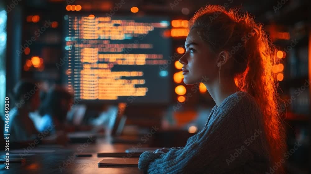 Wall mural Focused Female Programmer Working Late on Complex Code.