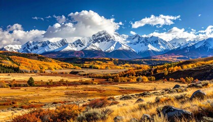Fototapeta premium Autumn splendor in Colorados Crystal River Valley with snow-capped peaks.