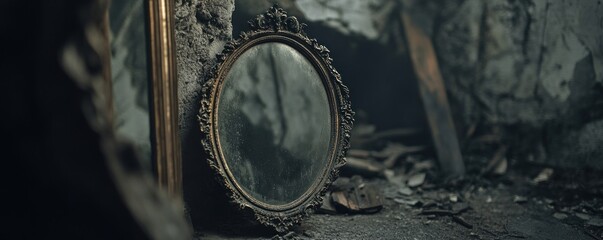 Antique mirror in ruins;  dark, mysterious background.  Horror film still