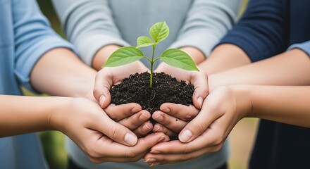 Group hands holding sprout, symbolizing growth