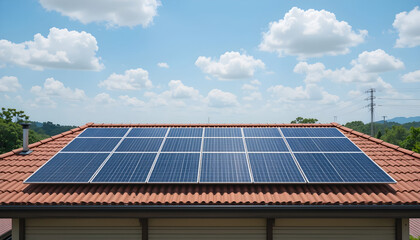 Solar panels on a terracotta tiled roof under a blue sky with white clouds tiles