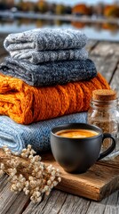 Cozy Autumn Still Life Coffee, Knitwear, and Dried Flowers.