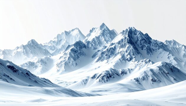 Majestic snow-covered mountain range under a bright, clear sky, winter landscape.