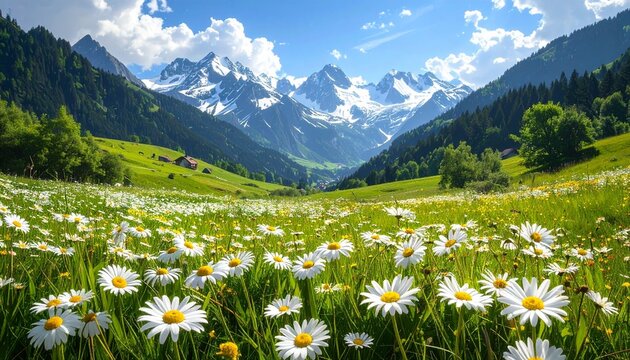 Idyllic Mountain Meadow with Daisies and Snow-Capped Peaks.