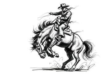 Naklejka na ściany i meble Dynamic sketch drawing of a cowboy on a bucking bronco, capturing the thrill of a rodeo ride.
