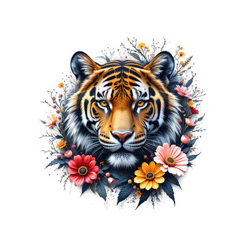 Fototapeta A striking mixed-media artwork of a tiger's head surrounded by a vibrant arrangement of colorful flowers and foliage. Wild animals.