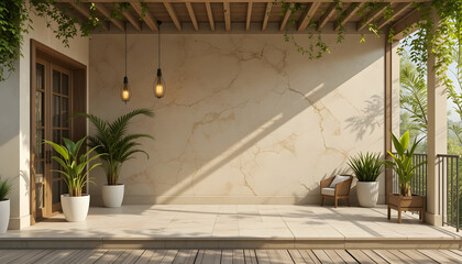 Sunny patio with potted plants and hanging lights outdoor terrace